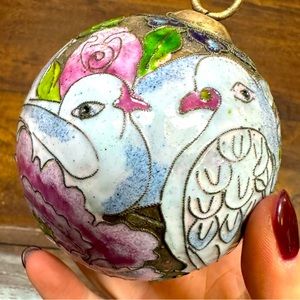 Vintage Cloisonné Christmas Holiday Round Ornament with Doves and Pink Flowers